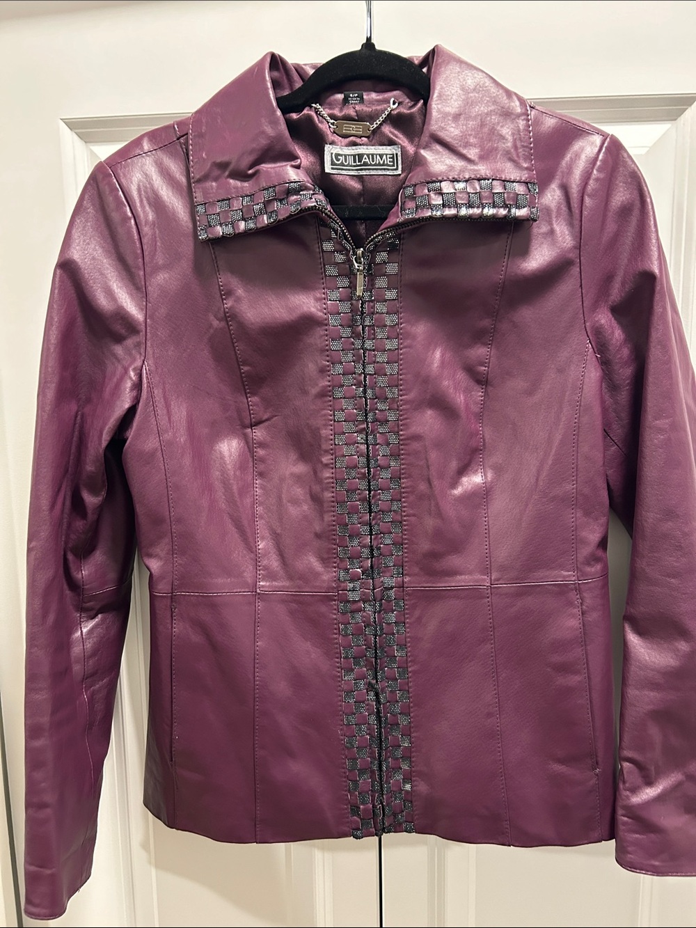 Guillaume Plum Genuine Leather Jacket with Woven Metallic Black Trim